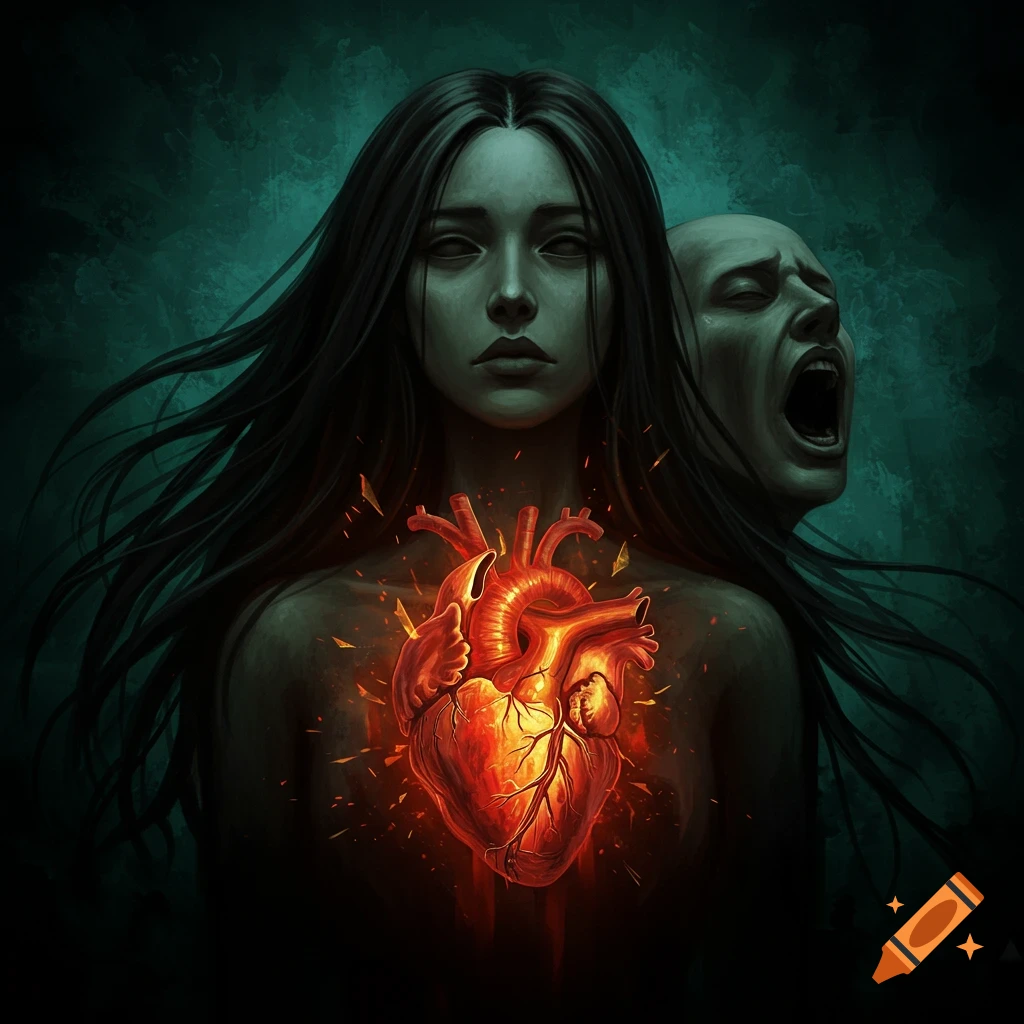 Dark surreal painting of a woman with long hair, a glowing heart, and a screaming face emerging from her head.