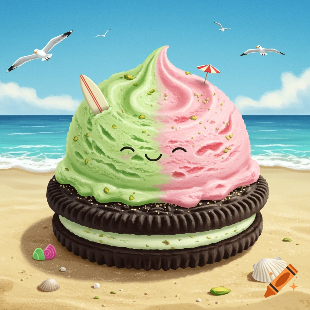 A whimsical illustration of a giant Oreo cookie filled with pistachio and pink gelato, adorned with a tiny surfboard and umbrella, sitting on a sandy beach with seagulls flying.