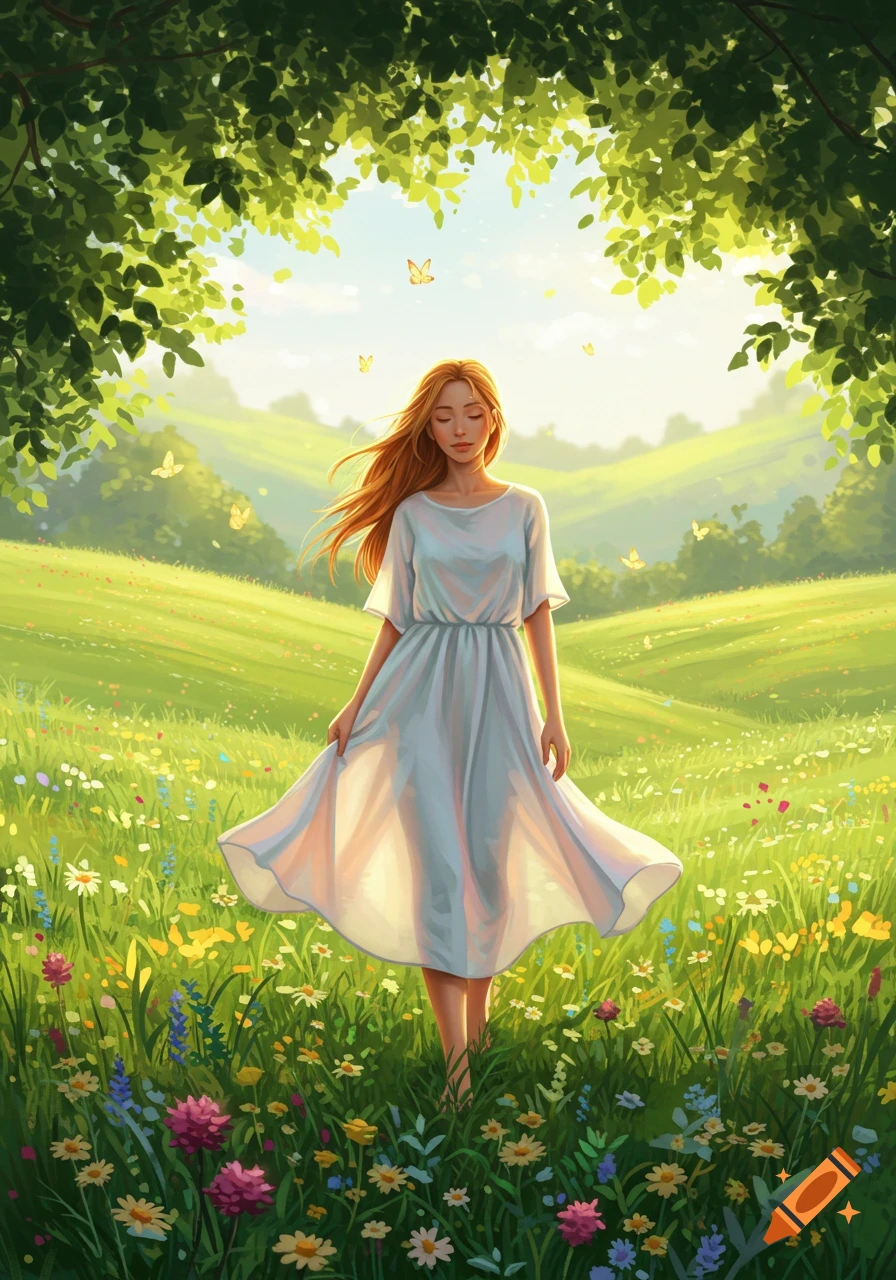 A woman in a white dress with red hair walking through a sunny field of colorful wildflowers, surrounded by trees, in a painterly style.