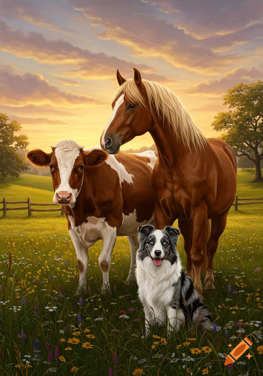 A horse, a cow, and a dog stand together in a vibrant field of wildflowers at sunset, painted in an illustrative style.