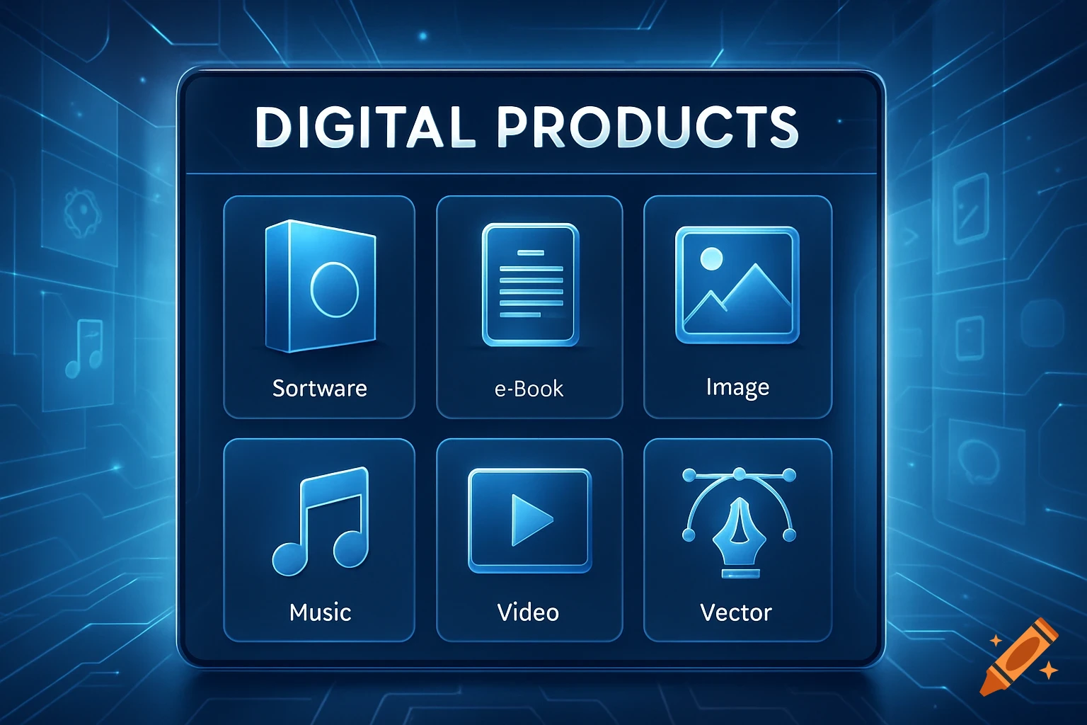 A glowing blue digital interface displaying six icons for digital products: 'Sortware', 'e-Book', 'Image', 'Music', 'Video', 'Vector'.