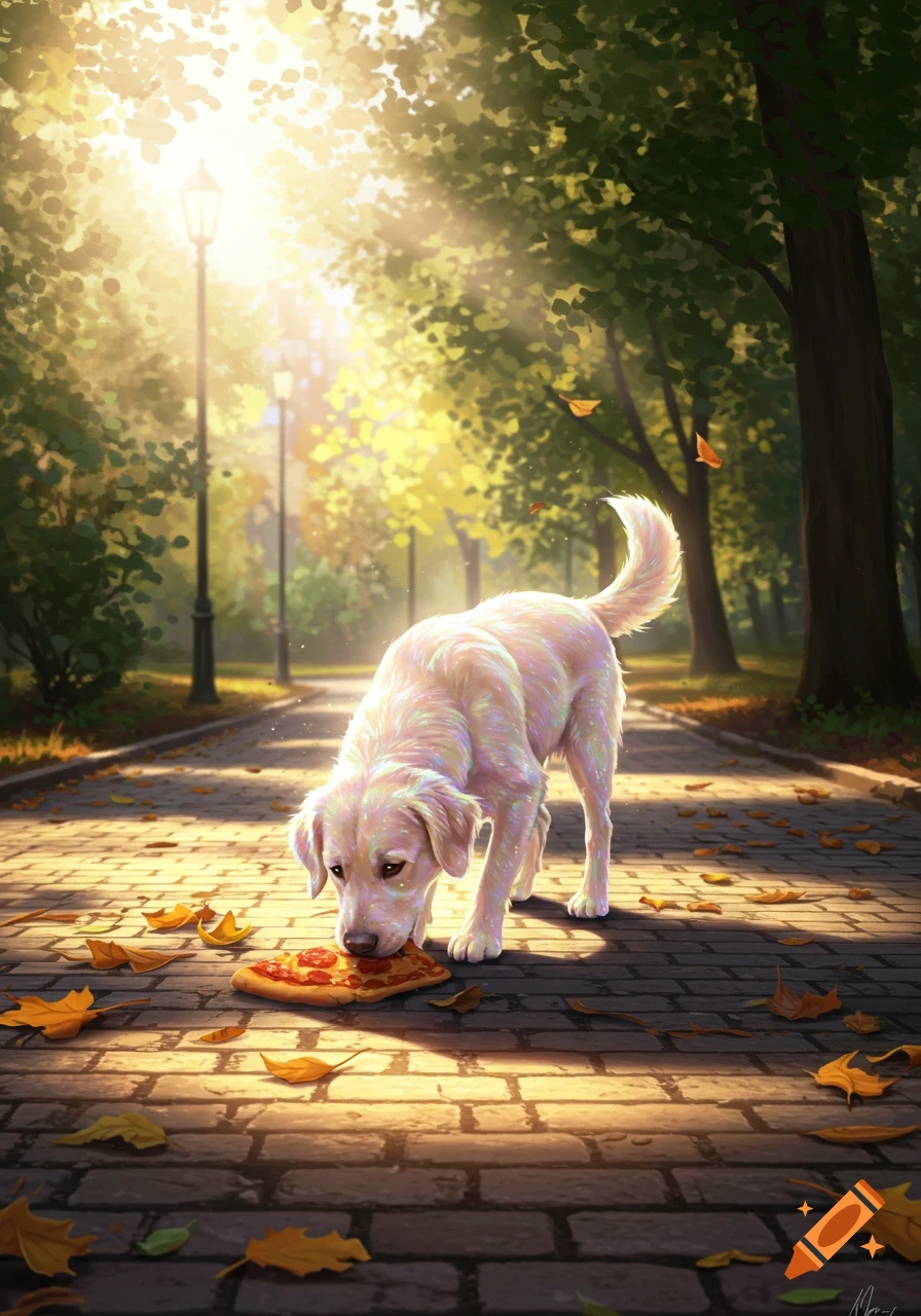 A fluffy white dog eats a slice of pepperoni pizza from a cobblestone path in a bright, sunlit park with autumn leaves.