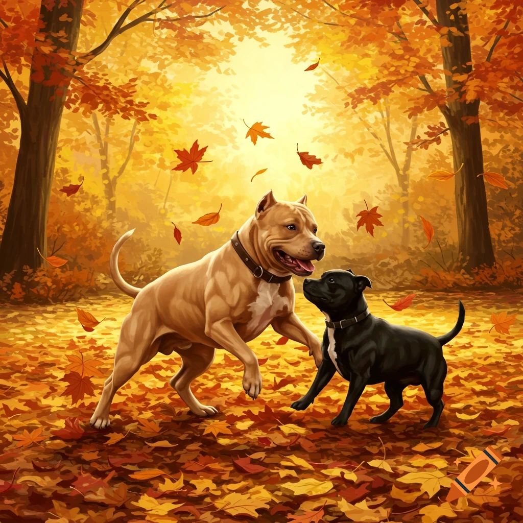 A tan pitbull and a black Staffordshire terrier play in a vibrant autumn forest with falling orange and red leaves.