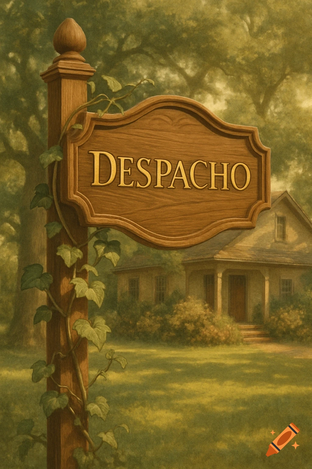 A rustic wooden sign with 'DESPACHO' in gold letters, covered in ivy, stands in a painterly garden scene with a house in the background.