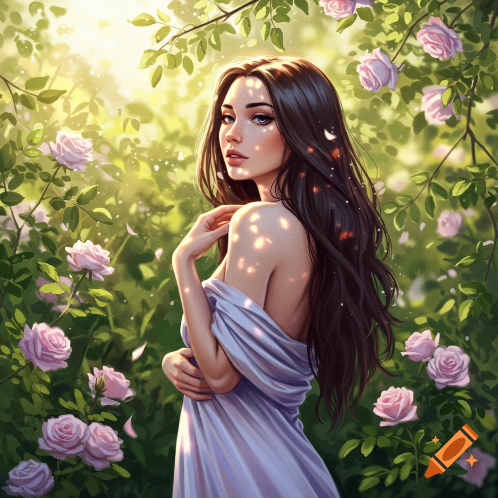 Digital art of a woman with long dark hair, wearing a white flowing gown, standing in a lush rose garden with dappled sunlight.