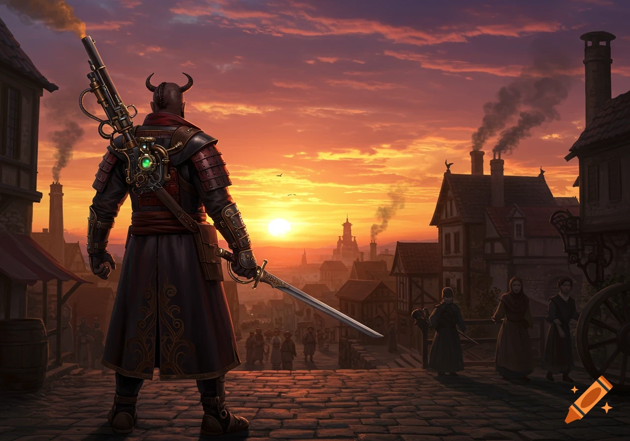 A horned warrior with a steampunk gun and sword stands looking at a vibrant sunset over an old town.