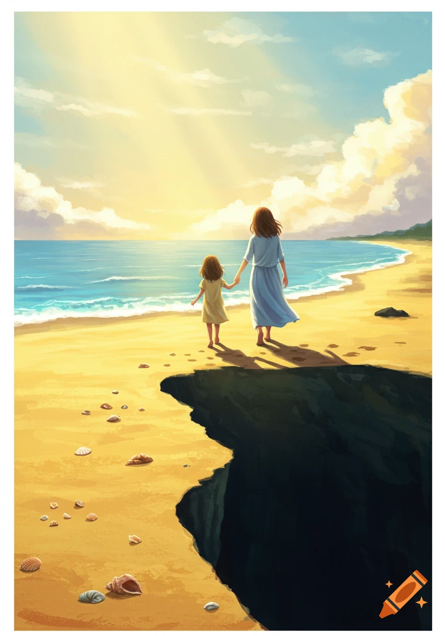 Illustrated mother and daughter walk hand-in-hand on a sunny beach, facing a dark cliff edge with the ocean to their side.