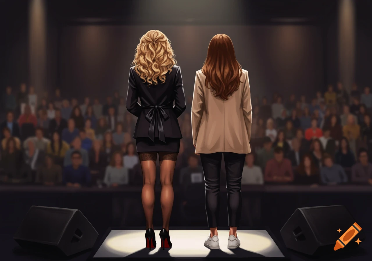 Illustration of two women, seen from behind, on a stage facing a blurred audience at a conference.