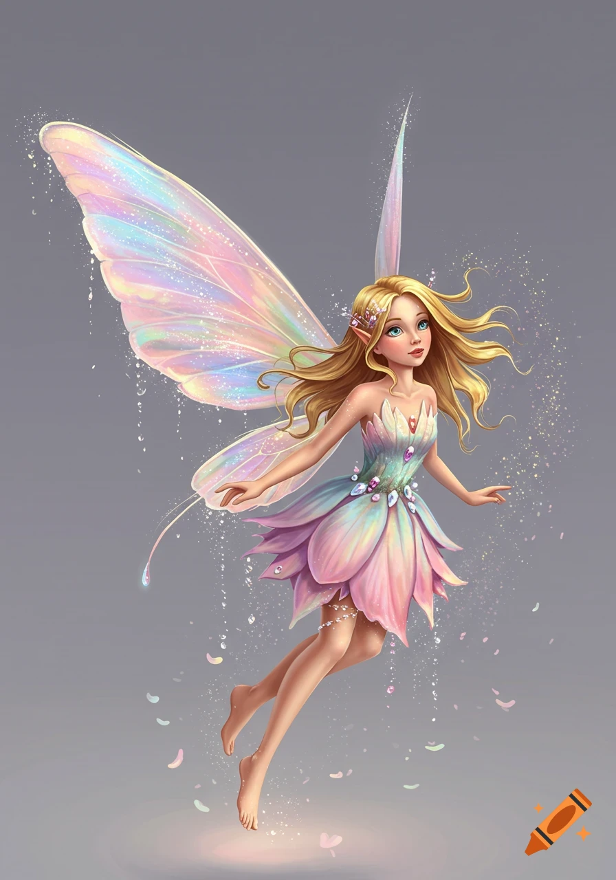 A blonde fairy with shimmering iridescent wings and a colorful floral dress floats against a grey background, illuminated by soft light.