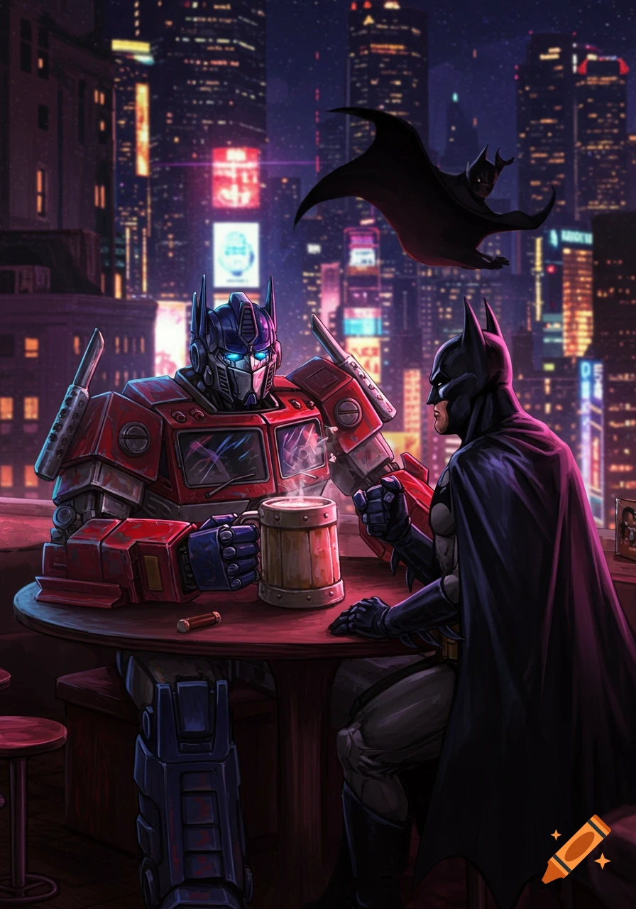 Optimus Prime and Batman share a drink on a rooftop overlooking a neon-lit city at night, with a bat flying overhead, in a comic book art style.