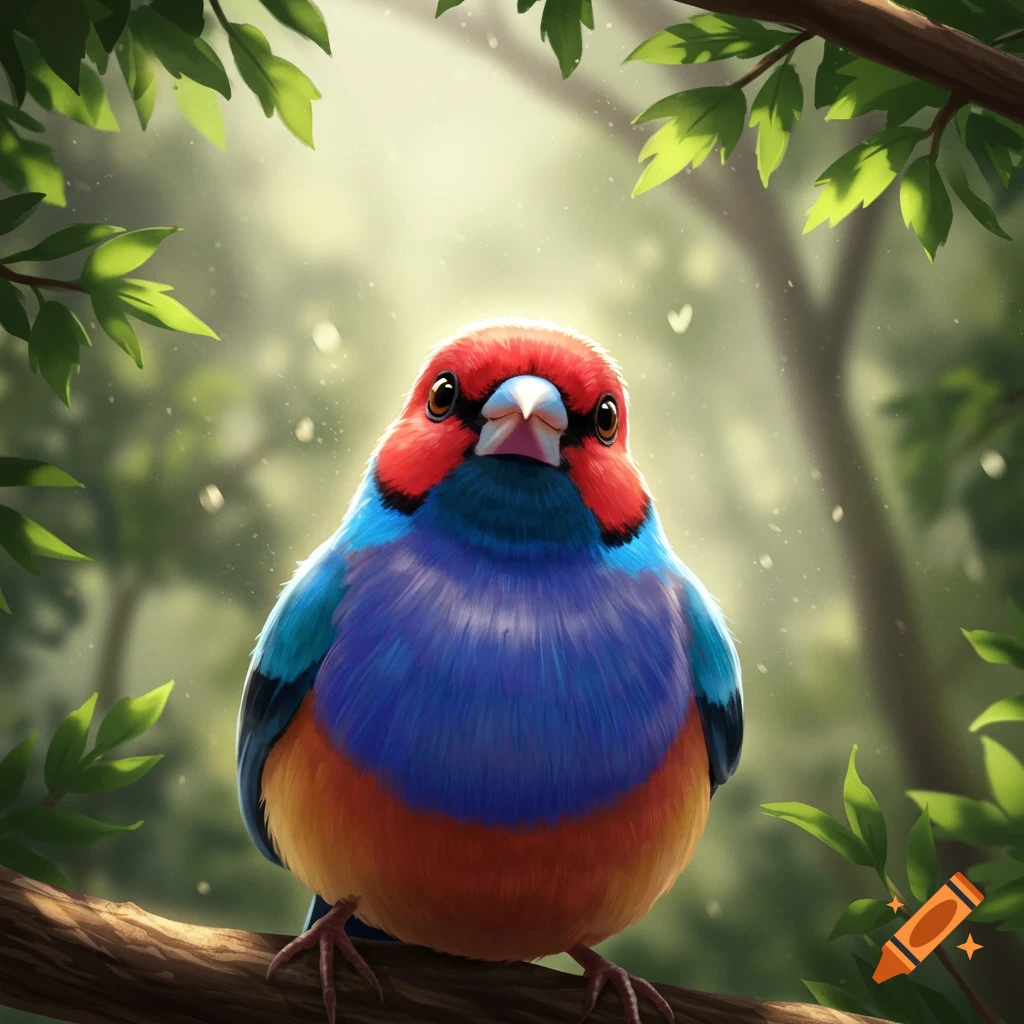 A vibrant red, blue, and orange bird with big eyes perches on a branch, looking inquisitively at the camera amidst a sun-dappled forest.