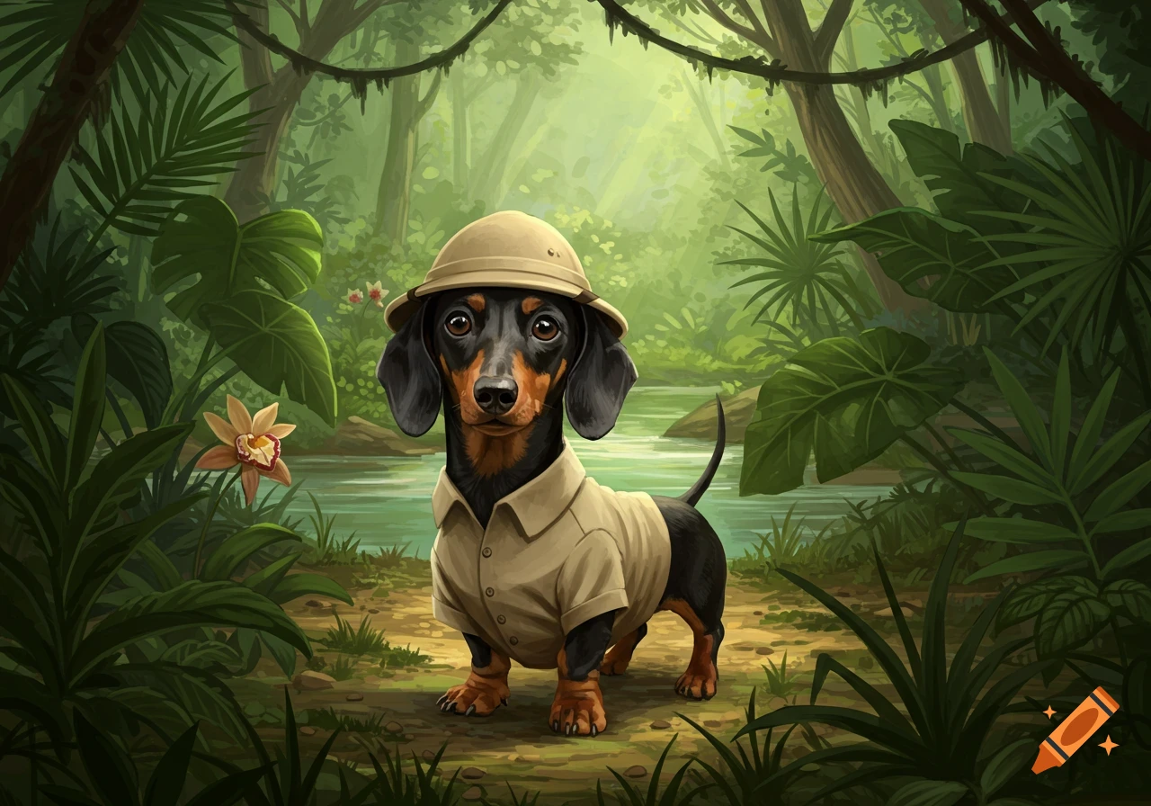 An illustration of a miniature dachshund explorer in a pith helmet and khaki shirt standing in a lush jungle by a river.