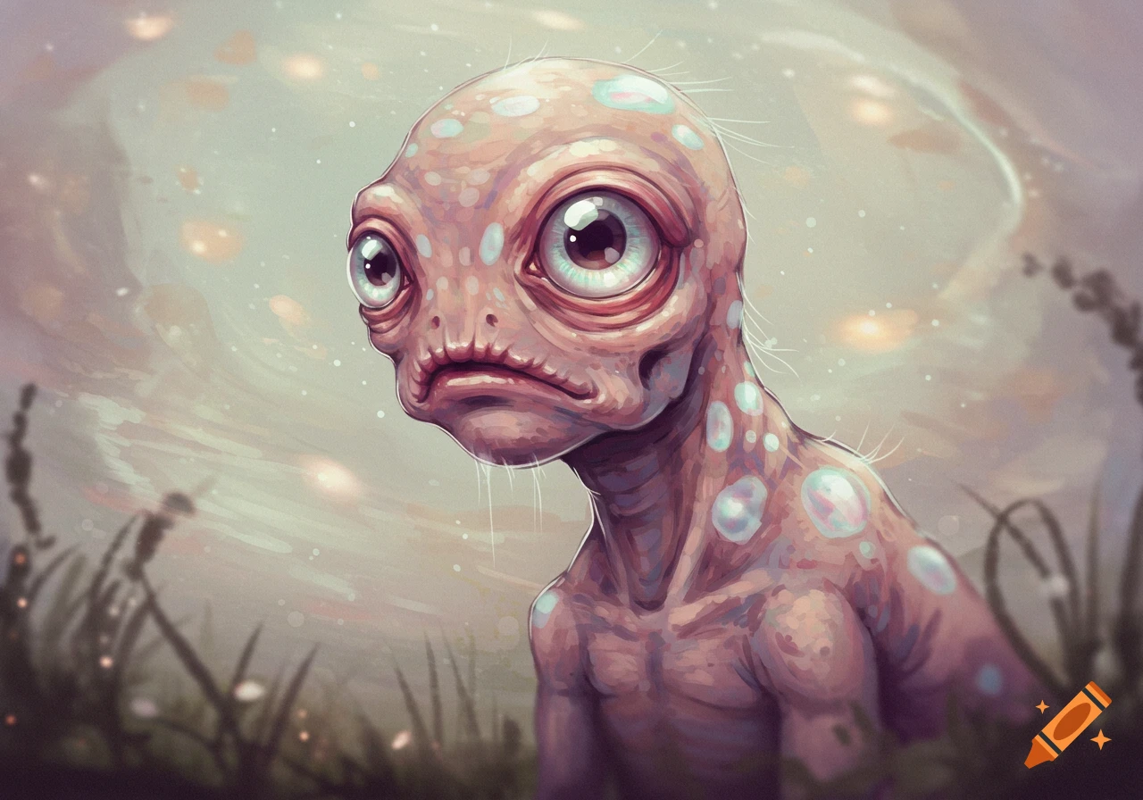 A sad-looking, pinkish-brown alien creature with large eyes and blue-white spots, against a blurry, light-toned background with grass. Digital art.
