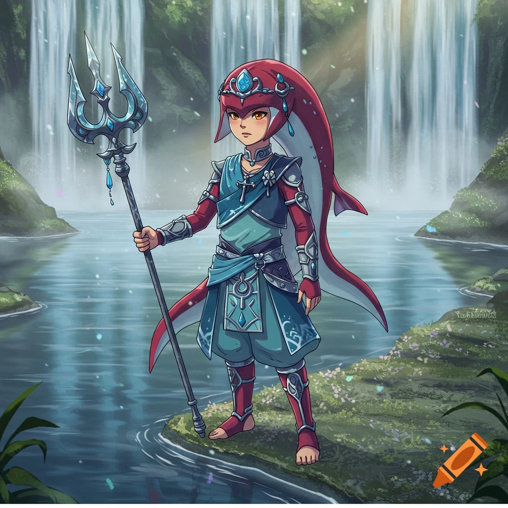 A boy dressed as a red and white Zora character, holding a trident, stands by waterfalls.