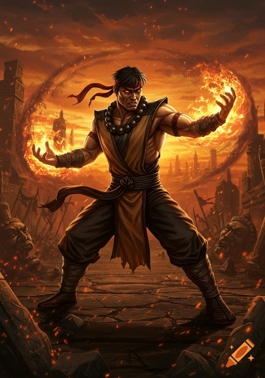 A male martial arts warrior in a yellow tunic and black pants, generating fireballs, stands in a ruined city under an orange, smoky sky.
