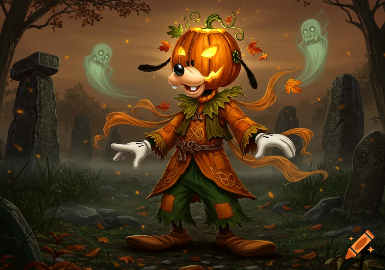 Goofy in a pumpkin head and scarecrow outfit, standing in a misty, spooky forest with glowing ghosts and ancient stone pillars.