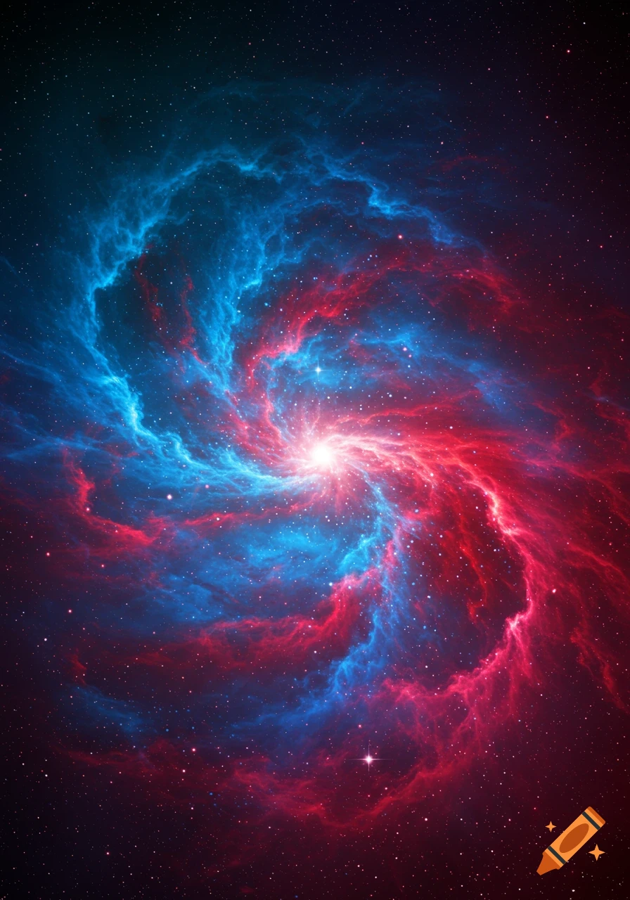 A vibrant nebula with a bright center, swirling blue and red gas, and scattered stars in deep space.