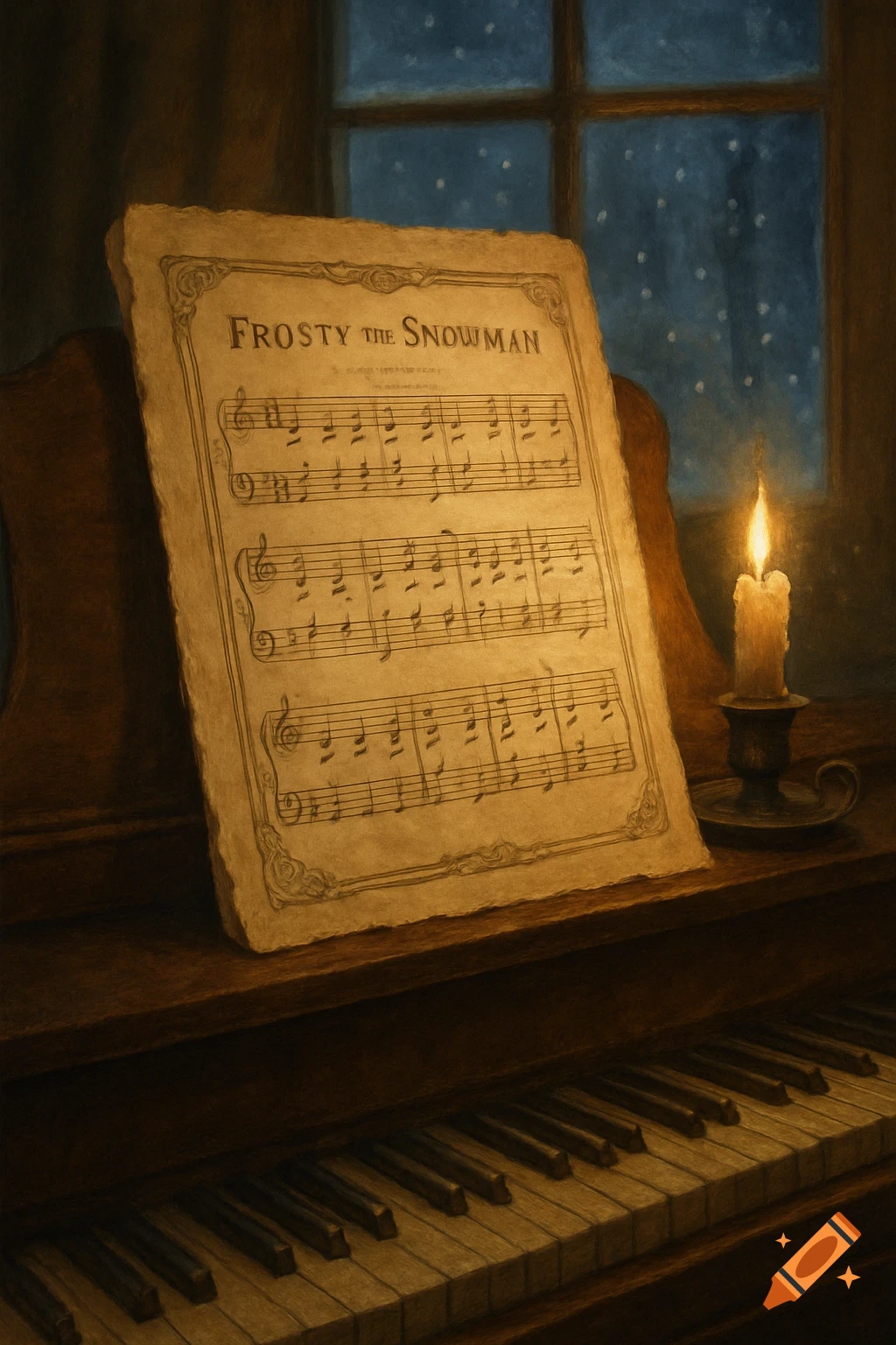 A vintage music sheet titled 'Frosty the Snowman' rests on an old piano, dimly lit by a flickering candle near a window at night.
