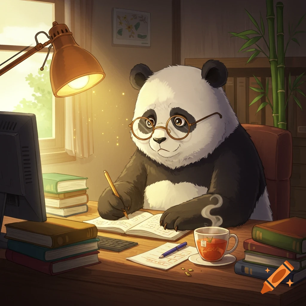 A studious panda wearing glasses diligently writes in a notebook at a desk with books, a computer, and a cup of tea, in anime style.