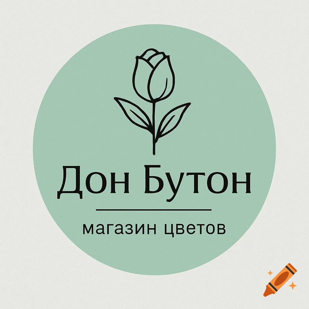 A minimalist flower shop logo with a black tulip bud outline and Russian text 'Don Buton' on a mint green circle.