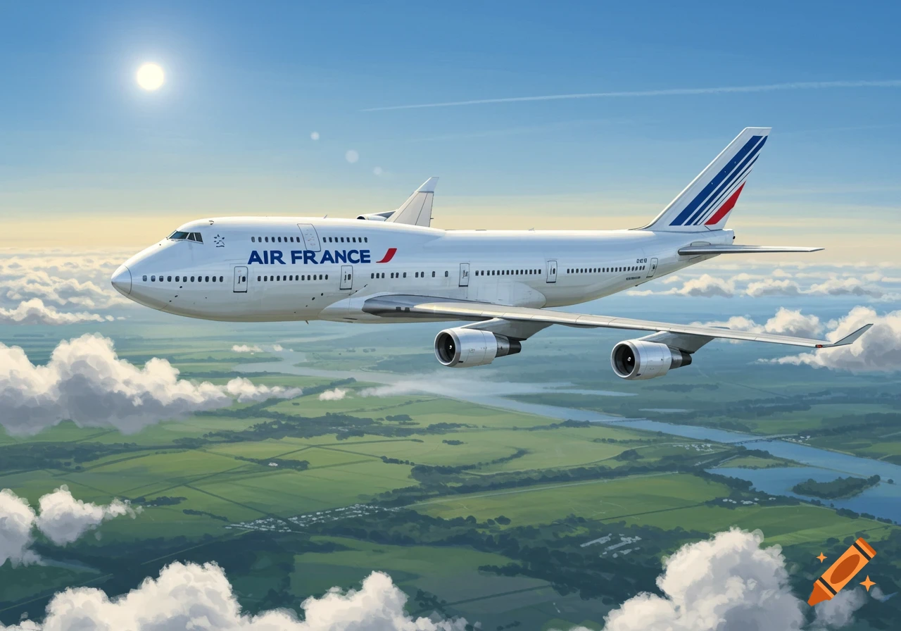 An Air France Boeing 747 airplane flies through a sunny, blue sky above green fields and rivers, with white clouds.