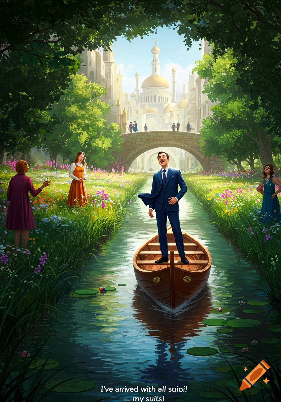 A man in a blue suit stands in a boat on a river, surrounded by women, flowers, and a fantastical city, illustration style.