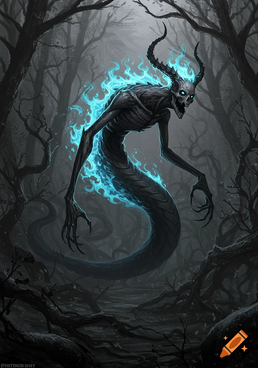 A skeletal horned demon with a snake-like body and blue flames on its back in a dark, misty forest.
