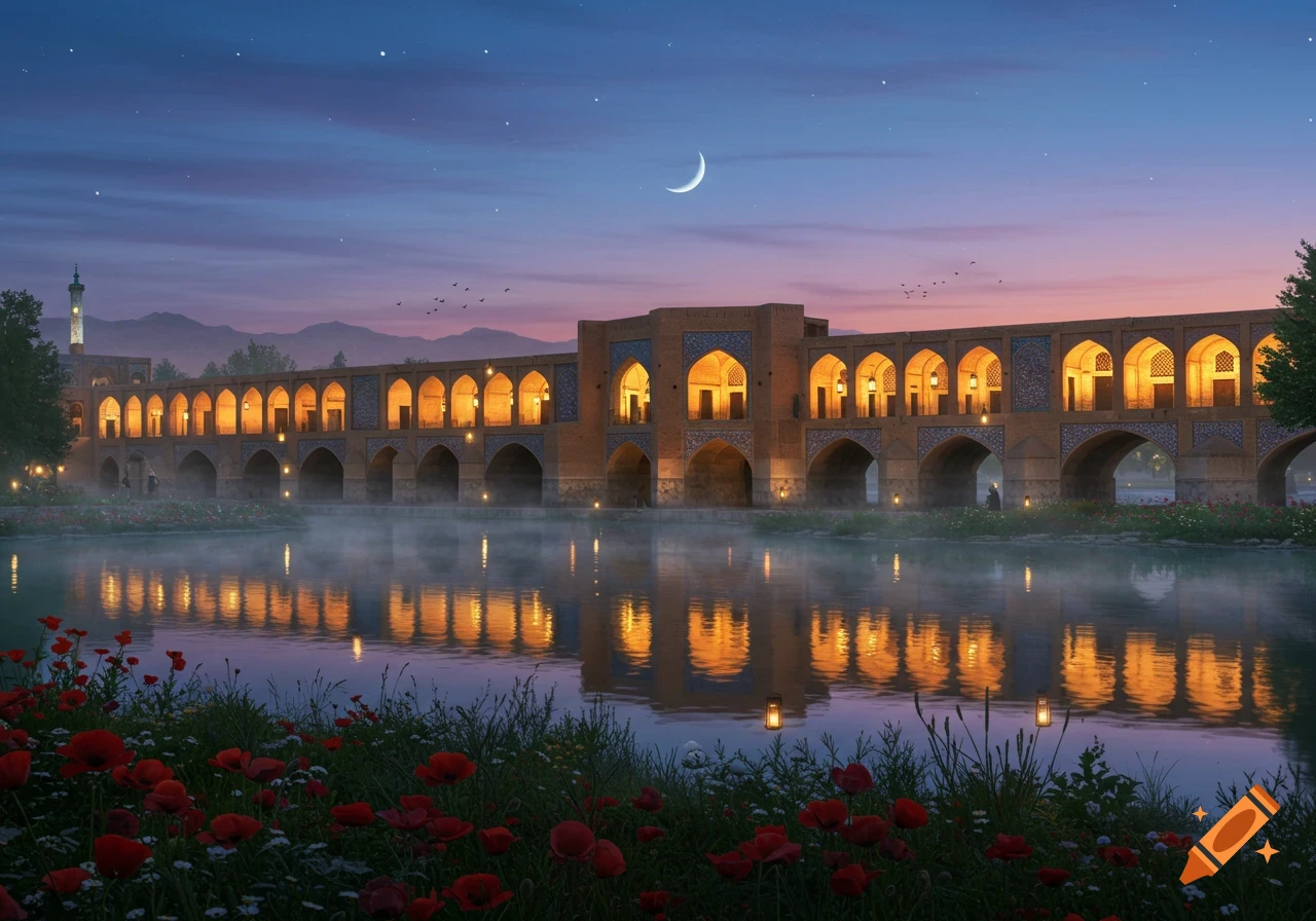 Illuminated ancient Persian bridge reflected in a misty river at dusk, with red poppies in the foreground and a crescent moon.