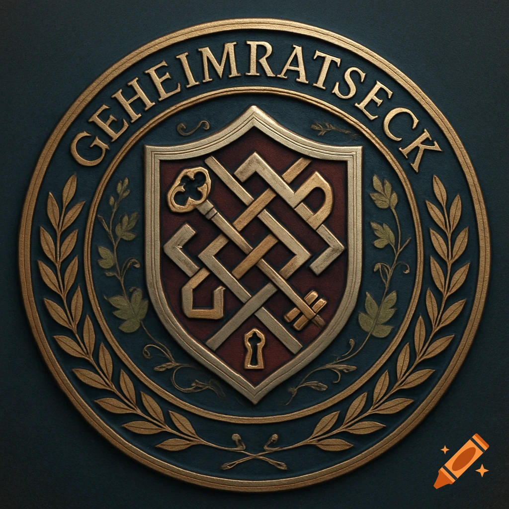Ornate circular gold and bronze emblem with 'GEHEIMRATSECK' text, a shield with intertwined keys and a keyhole, surrounded by laurel branches.