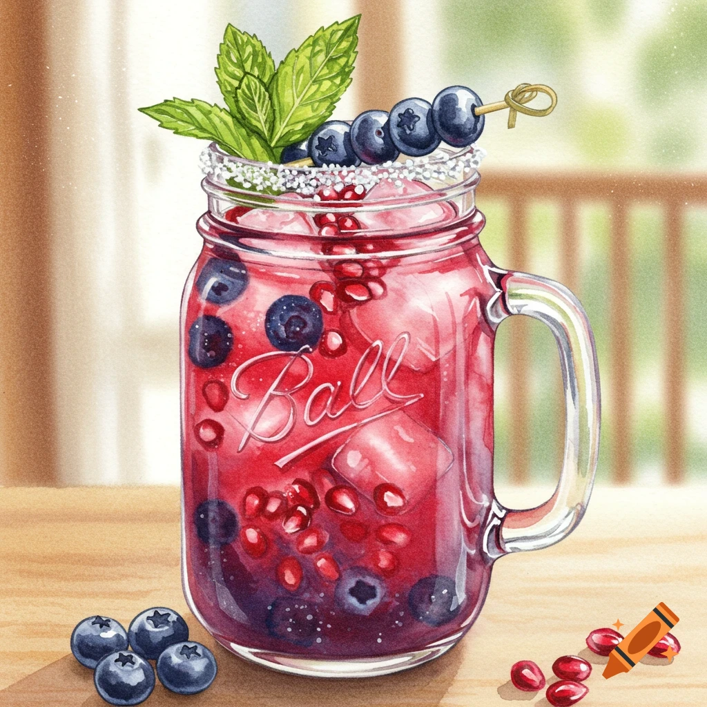 Watercolor illustration of a blueberry pomegranate cocktail in a mason jar with mint, ice, and a sugared rim.