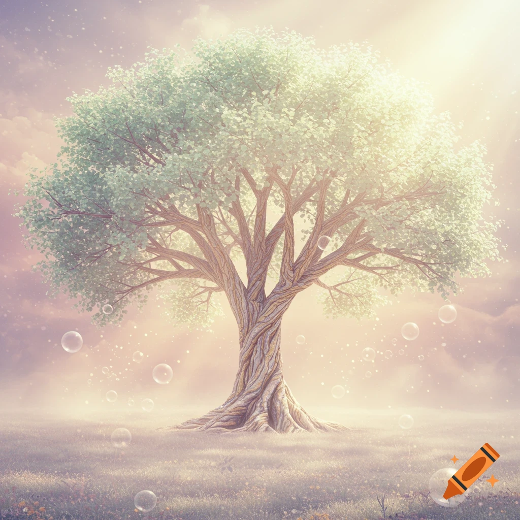A luminous, ancient tree with a twisted trunk and light green leaves stands in a misty, ethereal field with floating bubbles under a glowing sky.