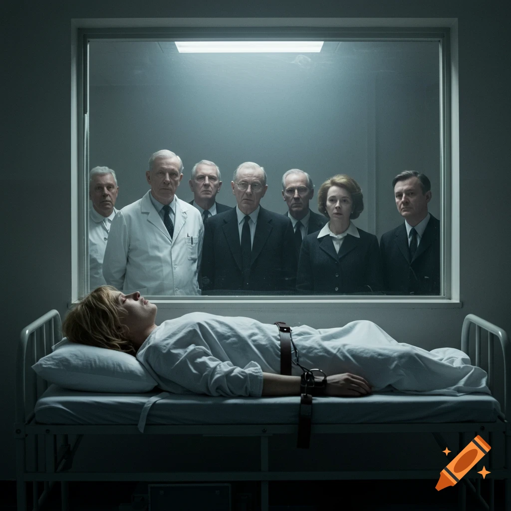 A patient is restrained on a bed in a sterile room, observed by several people in 1960s attire through a window in a somber, photorealistic scene.