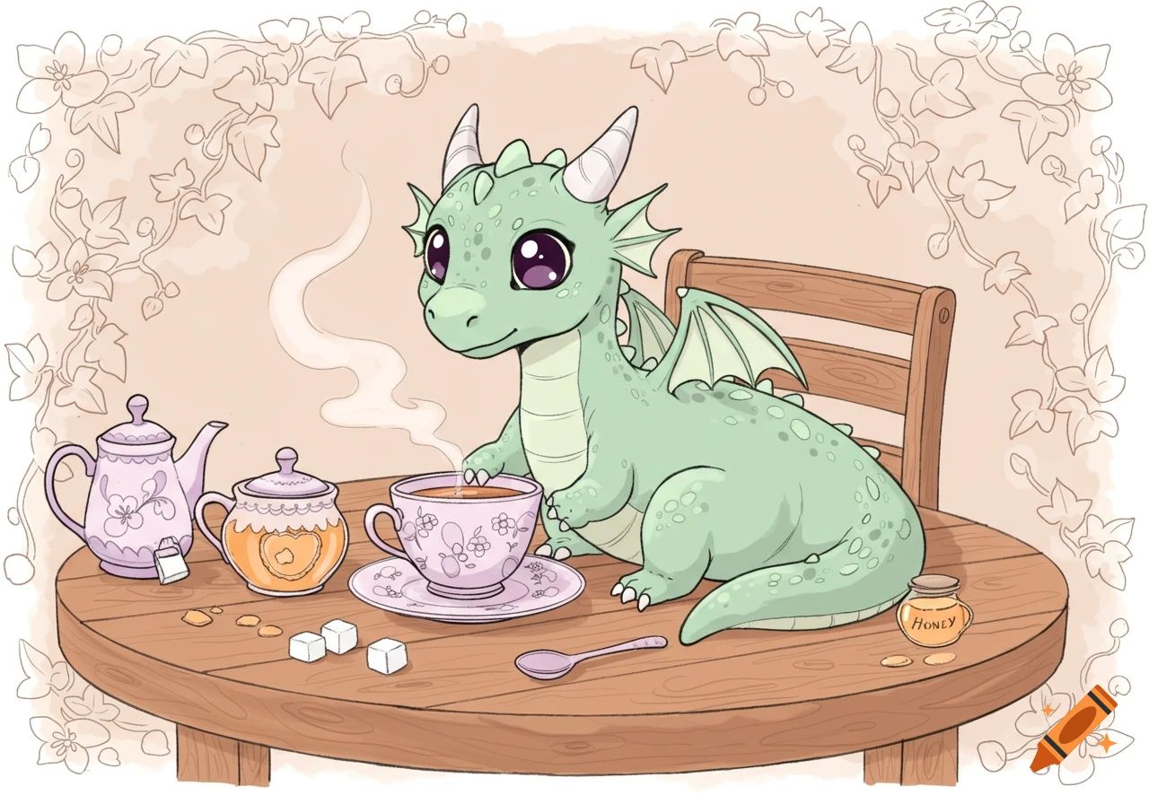 A cute green dragon sits at a wooden table having tea, with a teapot, sugar cubes, and a honey jar, in a coloring book style.
