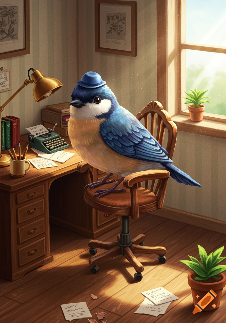A blue bird in a tiny blue hat sits on an office chair at a sunlit desk with a typewriter, in a painting.