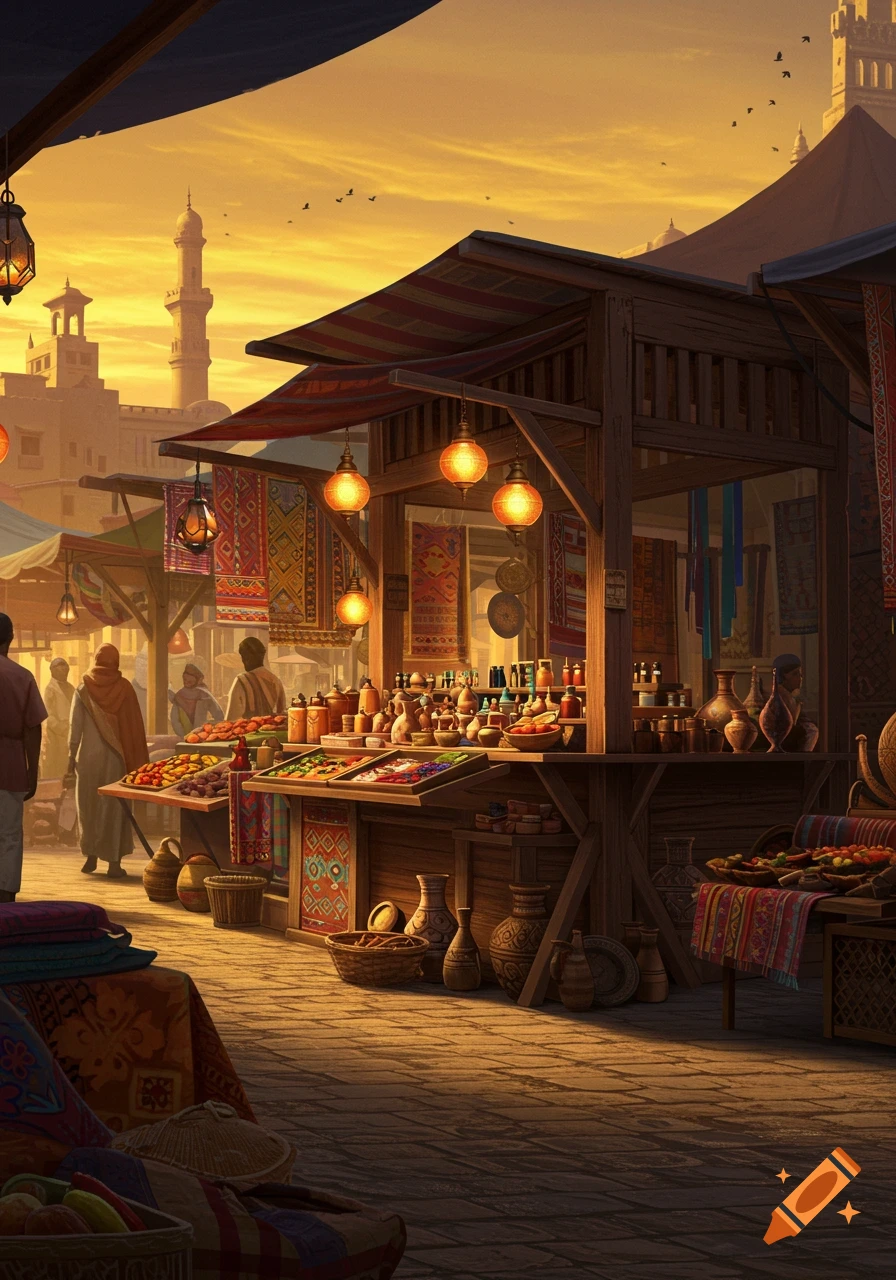 A vibrant market scene at sunset, with detailed stalls displaying goods, hanging lanterns, and people amidst Middle Eastern architecture.