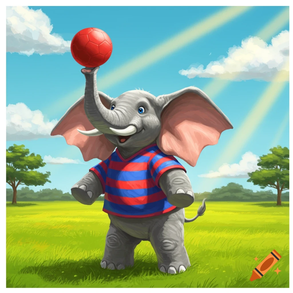 Cartoon elephant in a blue and red striped shirt balancing a red soccer ball on its trunk in a sunny green field.
