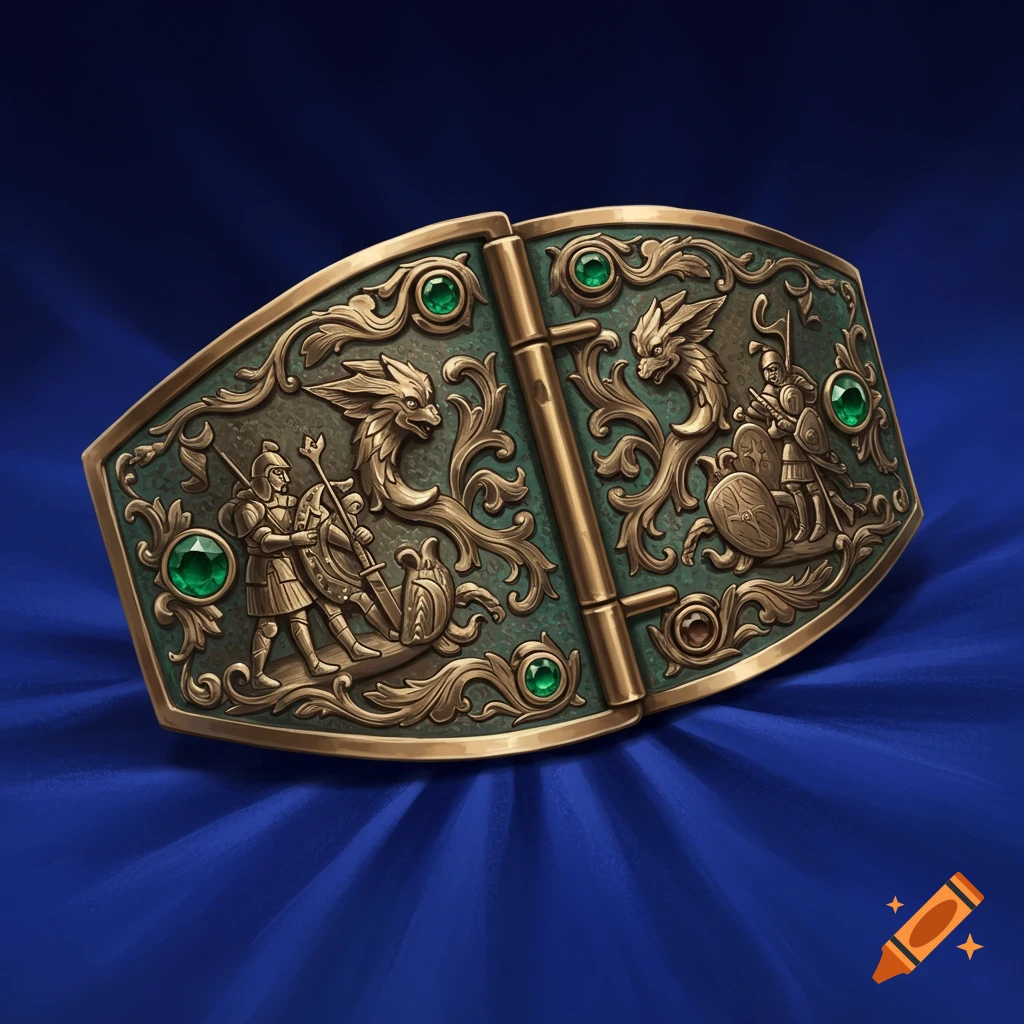 An ornate medieval-style belt buckle made of aged bronze with emeralds, featuring knights, dragons, and scrollwork, on a blue velvet cloth.