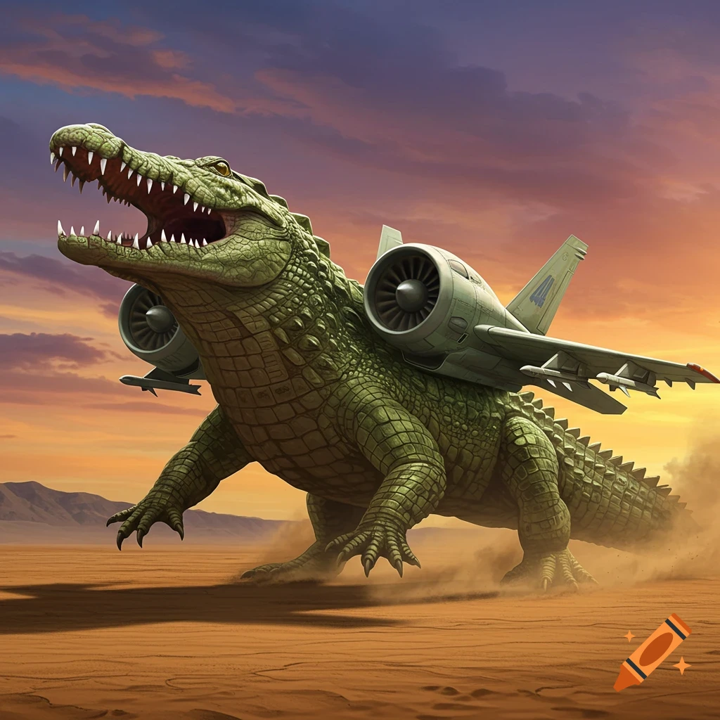 A gigantic green crocodile with fighter jet wings and engines runs through a desert at sunset.