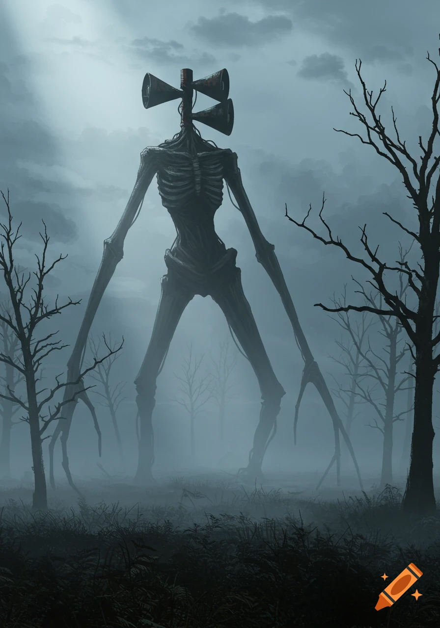 A tall, skeletal creature with sirens for a head stands in a dark, foggy forest with barren trees.
