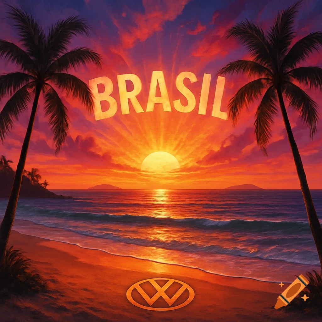 Vibrant tropical sunset beach with 'BRASIL' text and a VW logo, framed by palm trees, in a digital painting style.
