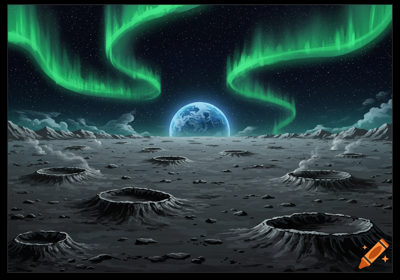 Stylized painting of a cratered moon surface with Earth in the distance and green auroras in the night sky.