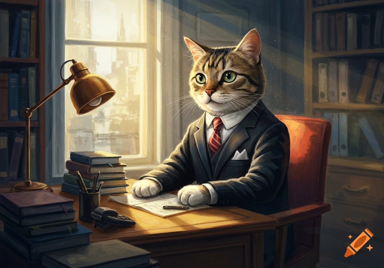 An anthropomorphic tabby cat in a business suit sits at a wooden office desk, illuminated by sunlight from a window, in an impressionistic painting.