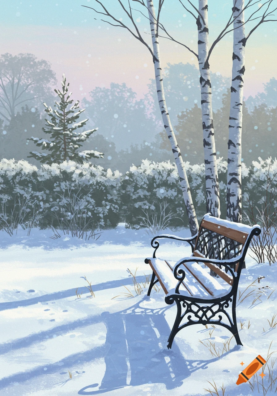 A serene painting of a snowy park with a black metal bench covered in snow, birch trees, and a distant pine tree under a soft sky.