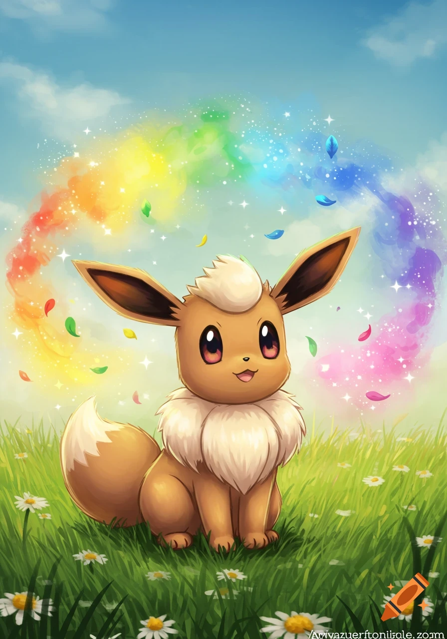 A cute, fluffy Eevee sits in a vibrant green field with white daisies under a blue sky, with a rainbow arc and sparkling leaves.
