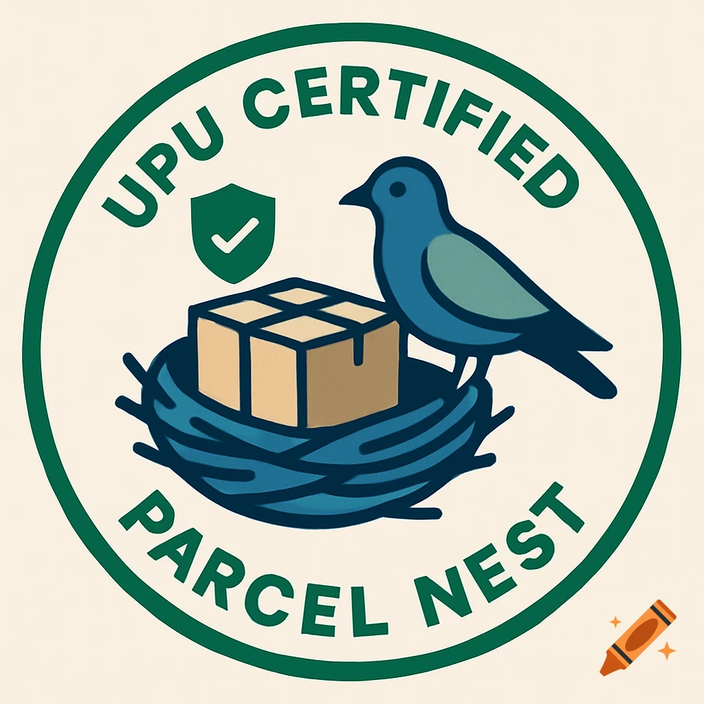 A circular badge featuring a blue bird on a nest with a parcel box, a shield, and text 'UPU CERTIFIED PARCEL NEST'.