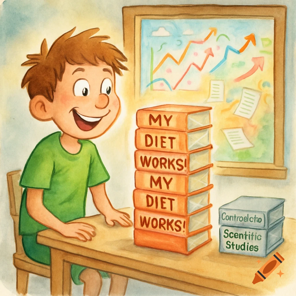 A smiling cartoon boy looks at a tall stack of books titled 'My Diet Works!' next to a small stack of 'Scentitic Studies'. A chart is in the background.