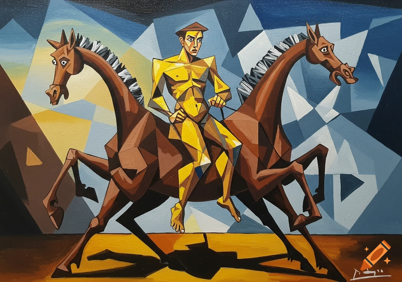 Cubist painting of a man riding two brown horses, featuring geometric shapes and a blue and yellow background.