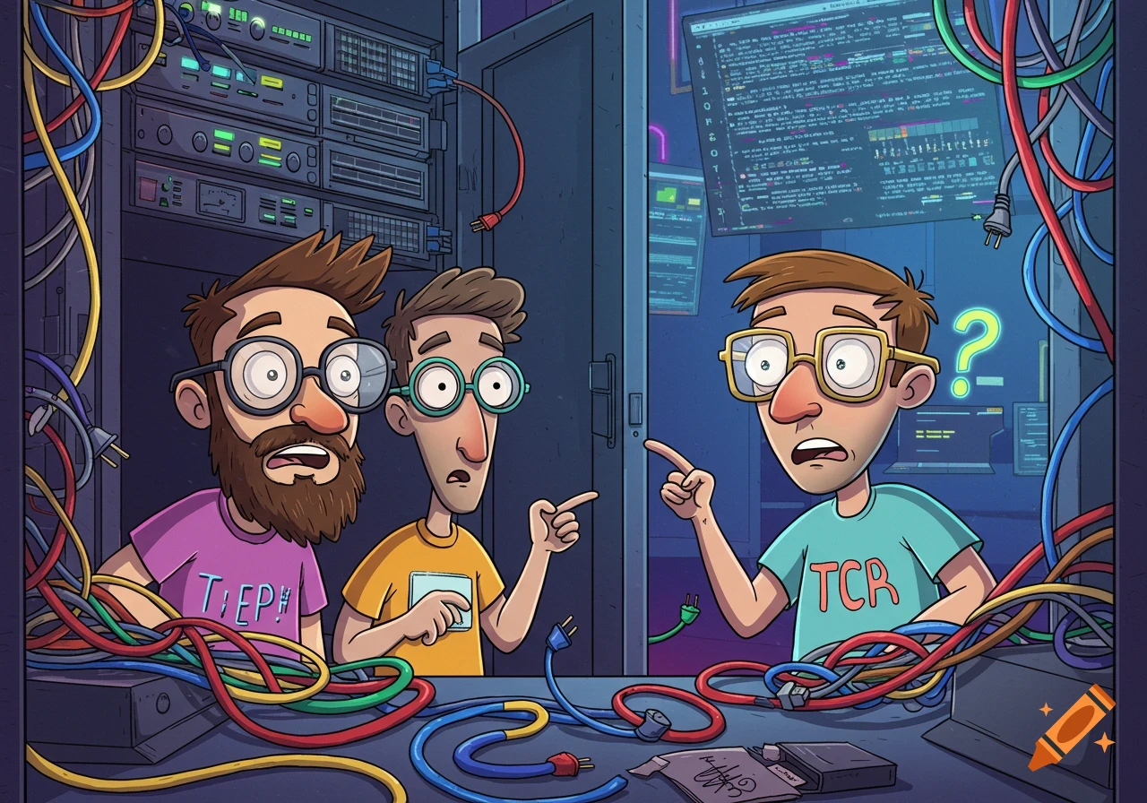 Three wide-eyed, confused cartoon IT guys in a server room, surrounded by tangled, unplugged cables and code on screens.