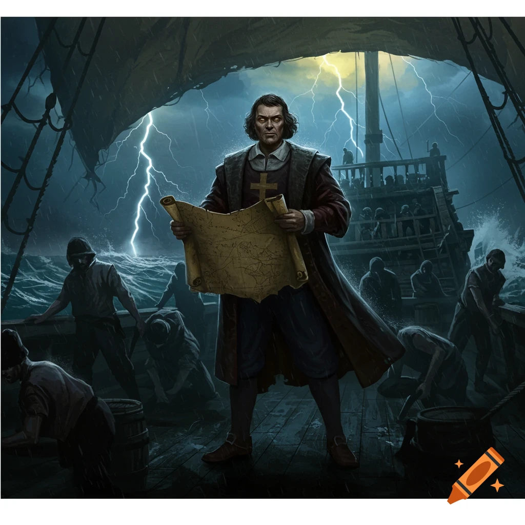 A determined Christopher Columbus holds a map on a stormy ship deck, with lightning illuminating the scene and crew members working in the rain.