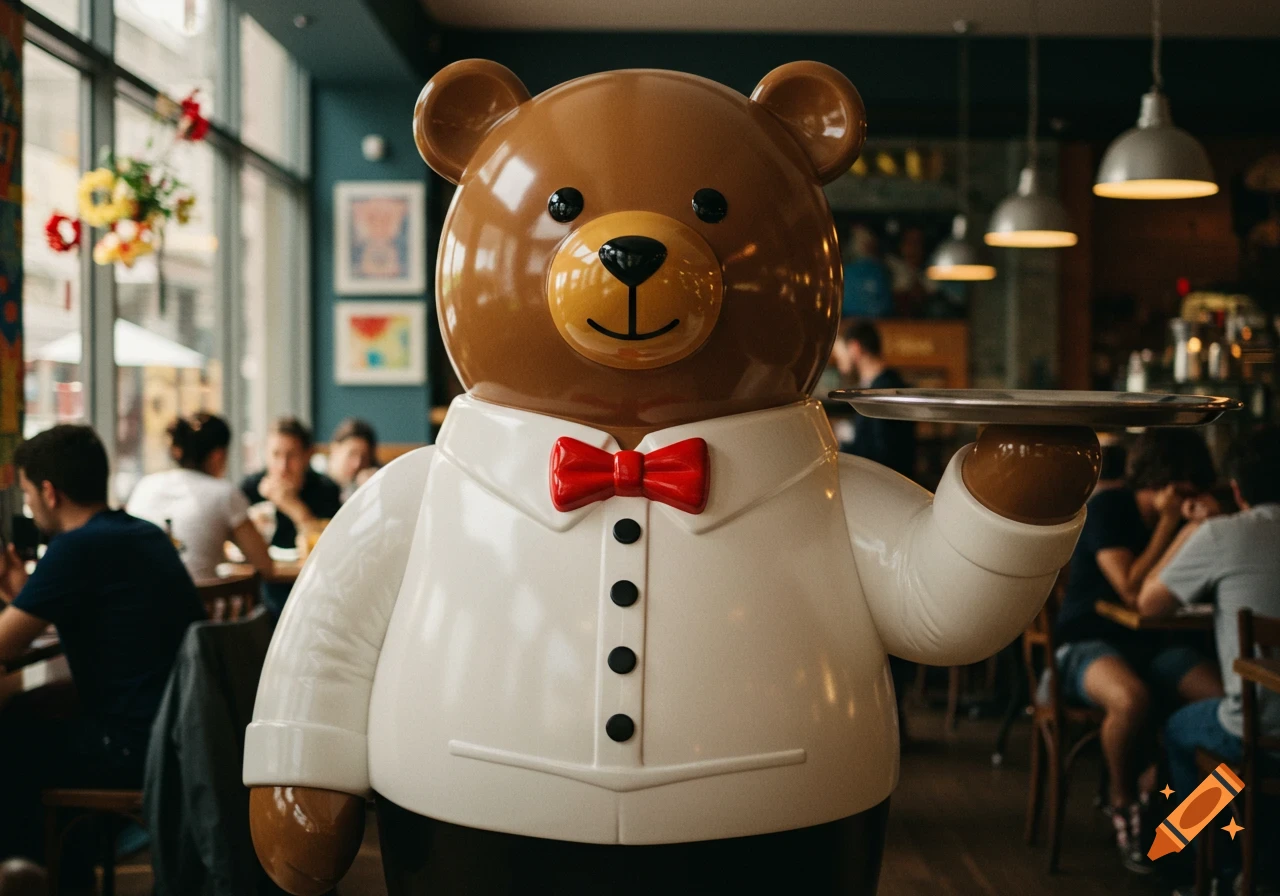 A large, shiny brown bear statue dressed as a waiter with a red bow tie holds a silver tray in a bustling restaurant.